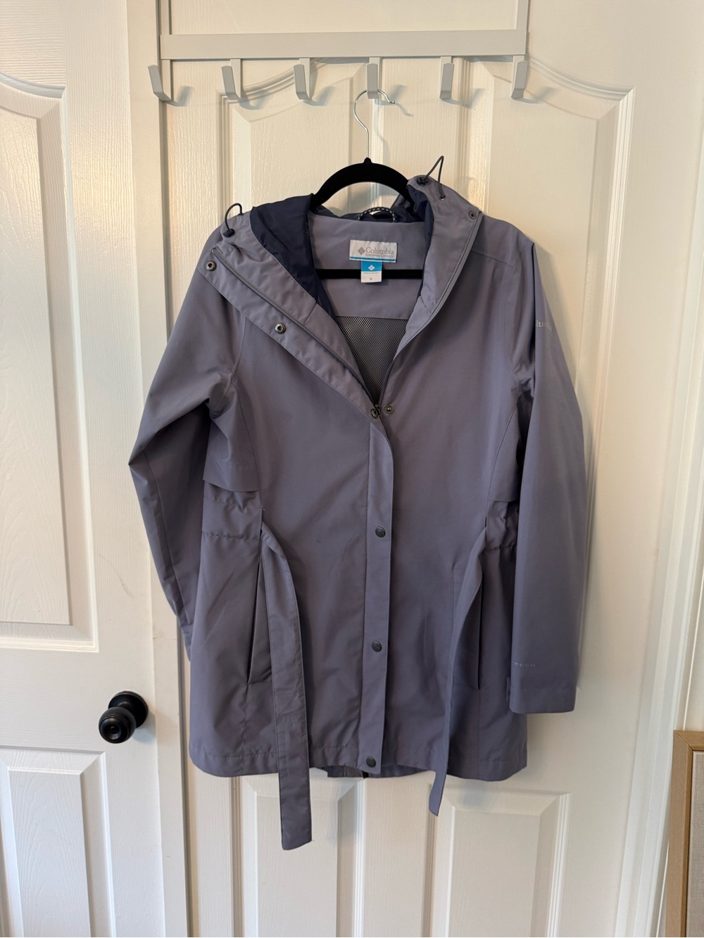 Columbia Women’s M Hooded Rain Jacket Belted Trench Waterproof Gray